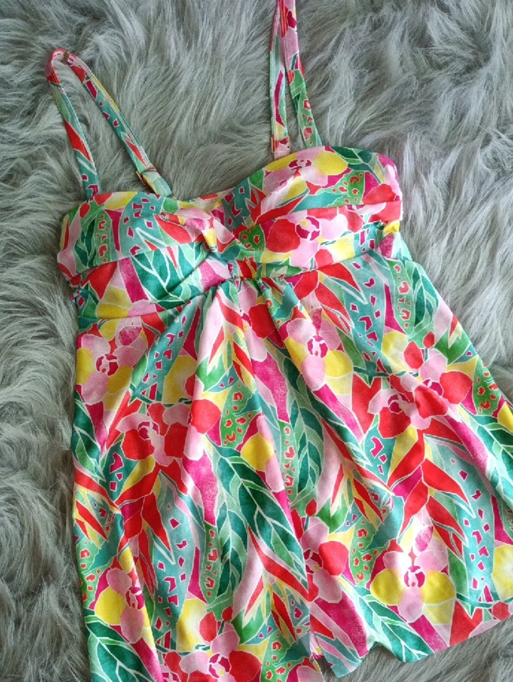 Bright Floral Sundress Swimsuit One-Piece Swim Tank Top in Pink, Green & Yellow
